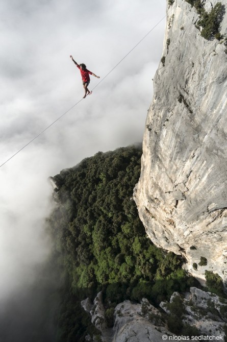 Best Drone Photos - Theo Sanson walks on a 280 feet long highline at 980 feet of altitude in Les Gorges Du Verdon in France