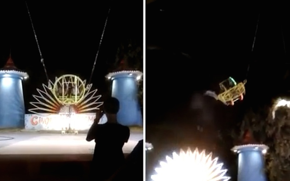 Watch The Terrifying Moment The Cable Of A Slingshot Ride Snaps Whilst 