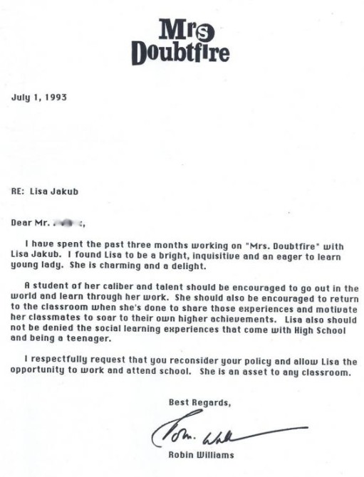 Robin Williams Mrs Doubtfire Letter